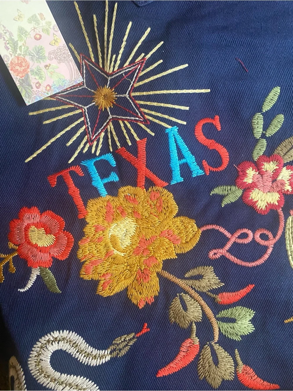 Johnny Was Texas Navy Embroidered Canvas Tote with Multicolor Floral Motif